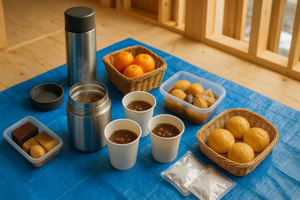 冬の上棟式で働く職人さんたちの現場風景