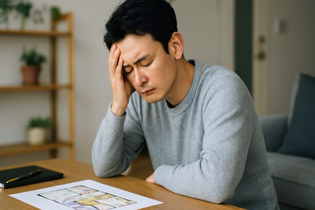 収納不足で物が散らかったリビングの様子