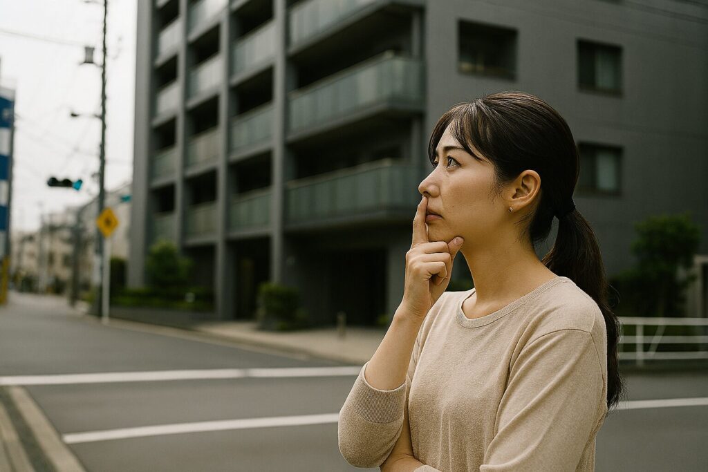 駅近マンションの住環境と日当たりの制約を示すイメージ