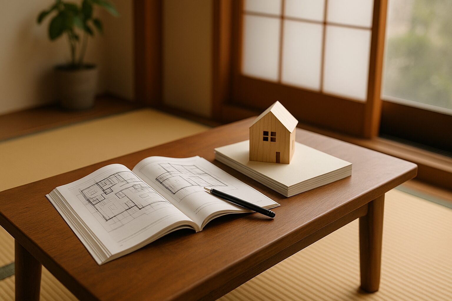 戸建て 雑誌と家模型の和室テーブル