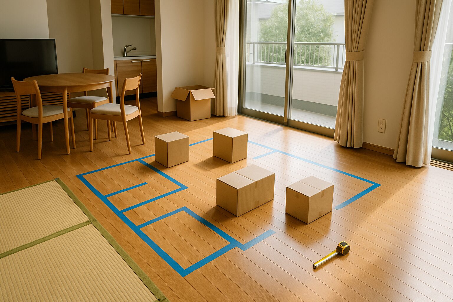 間取り診断を示す床テープと段ボール