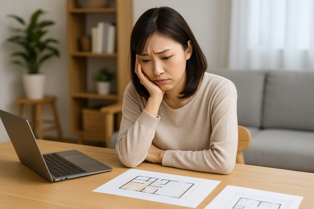 間取りが決まらず悩む女性が図面を見つめている様子。住宅会社との打ち合わせ前に整理すべきポイントを考える場面。