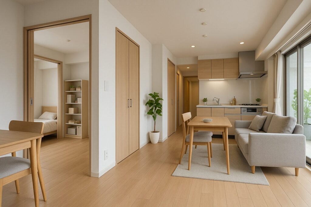 3人家族が暮らすマンションの間取りイメージ。リビングとダイニングが一体化した開放的な空間