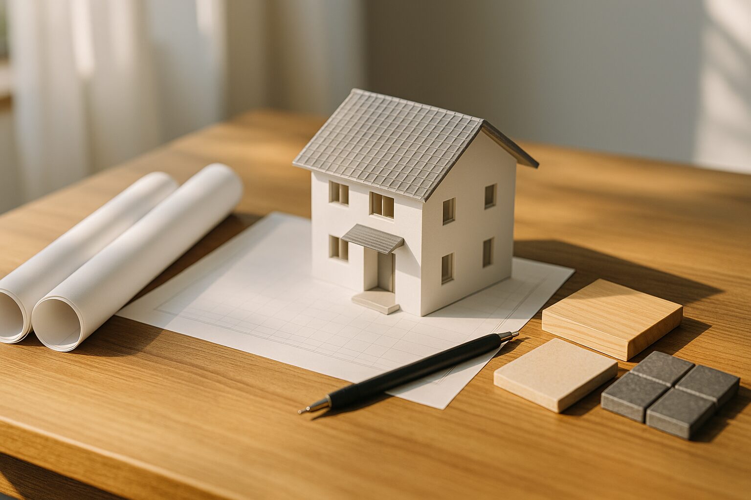 注文住宅 見積書公開を示す家模型と素材