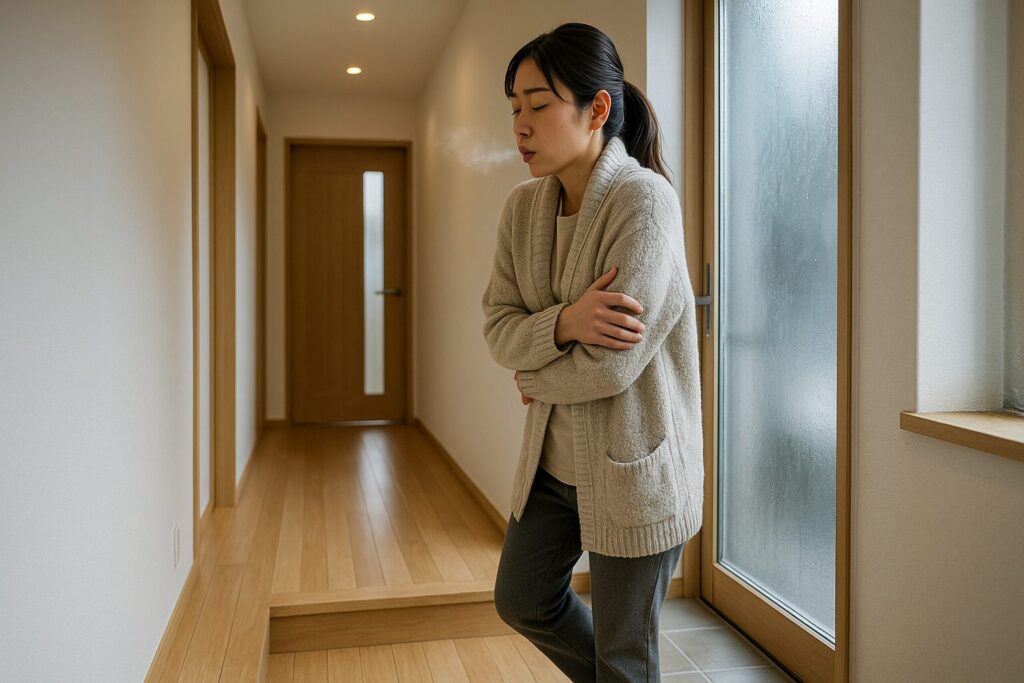 新築住宅の廊下で寒さを感じる様子