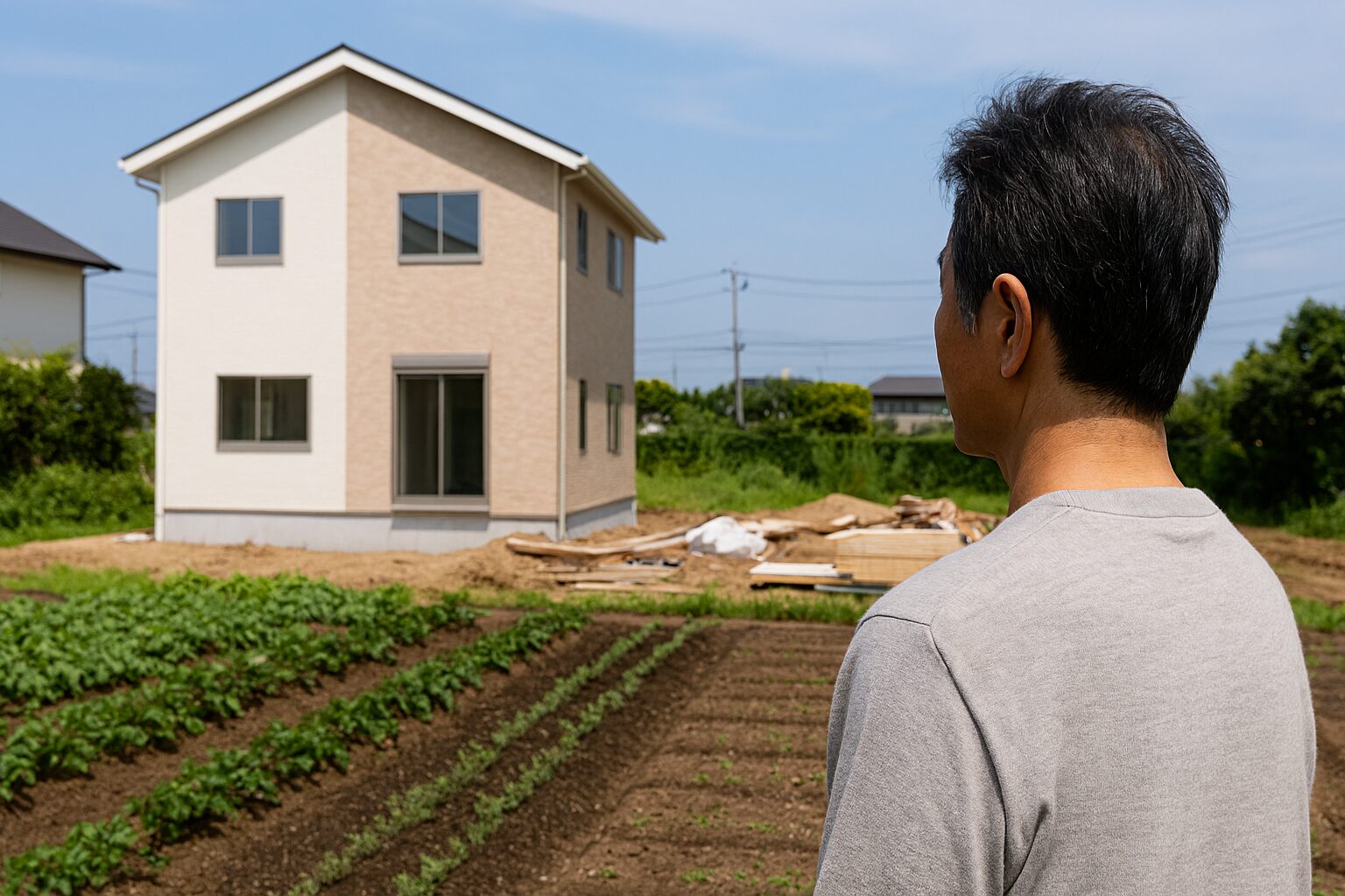 畑に家を建てる土地を見つめる男性