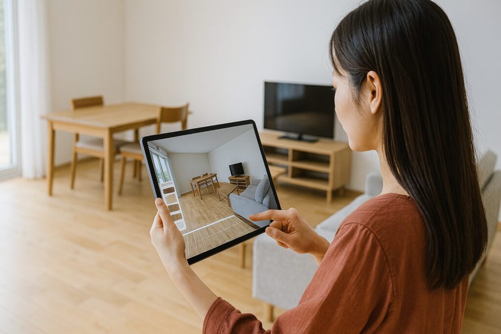 PC画面上の内装シミュレーションツールを操作し理想の部屋づくりを体験する様子