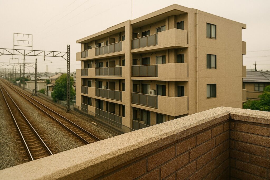 線路沿いマンションの窓から電車を見て騒音や振動対策の必要性を考える様子