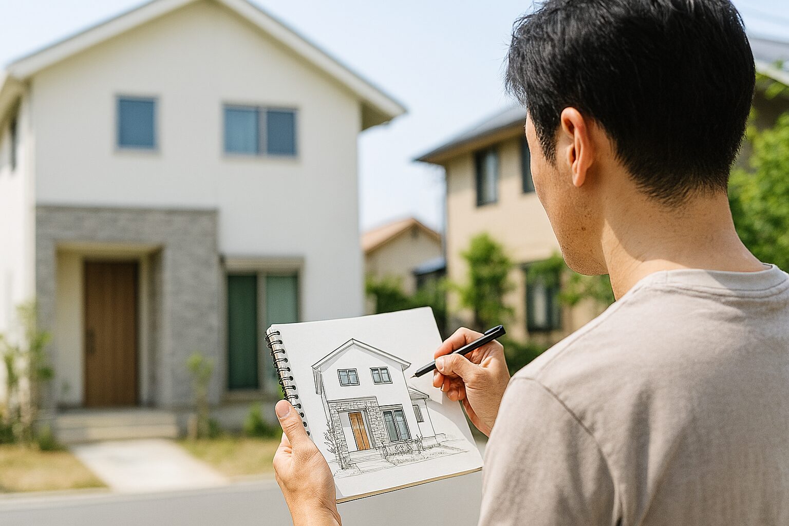 注文住宅をノートに描く日本人男性