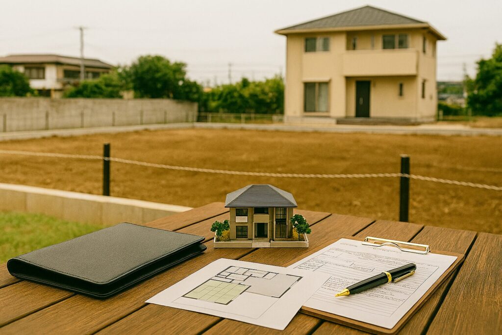 土地契約書や重要事項説明書などの資料を前に、慎重に内容を確認する様子