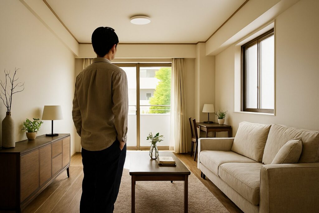 横長リビングの家具配置と採光バランスを示すレイアウト例