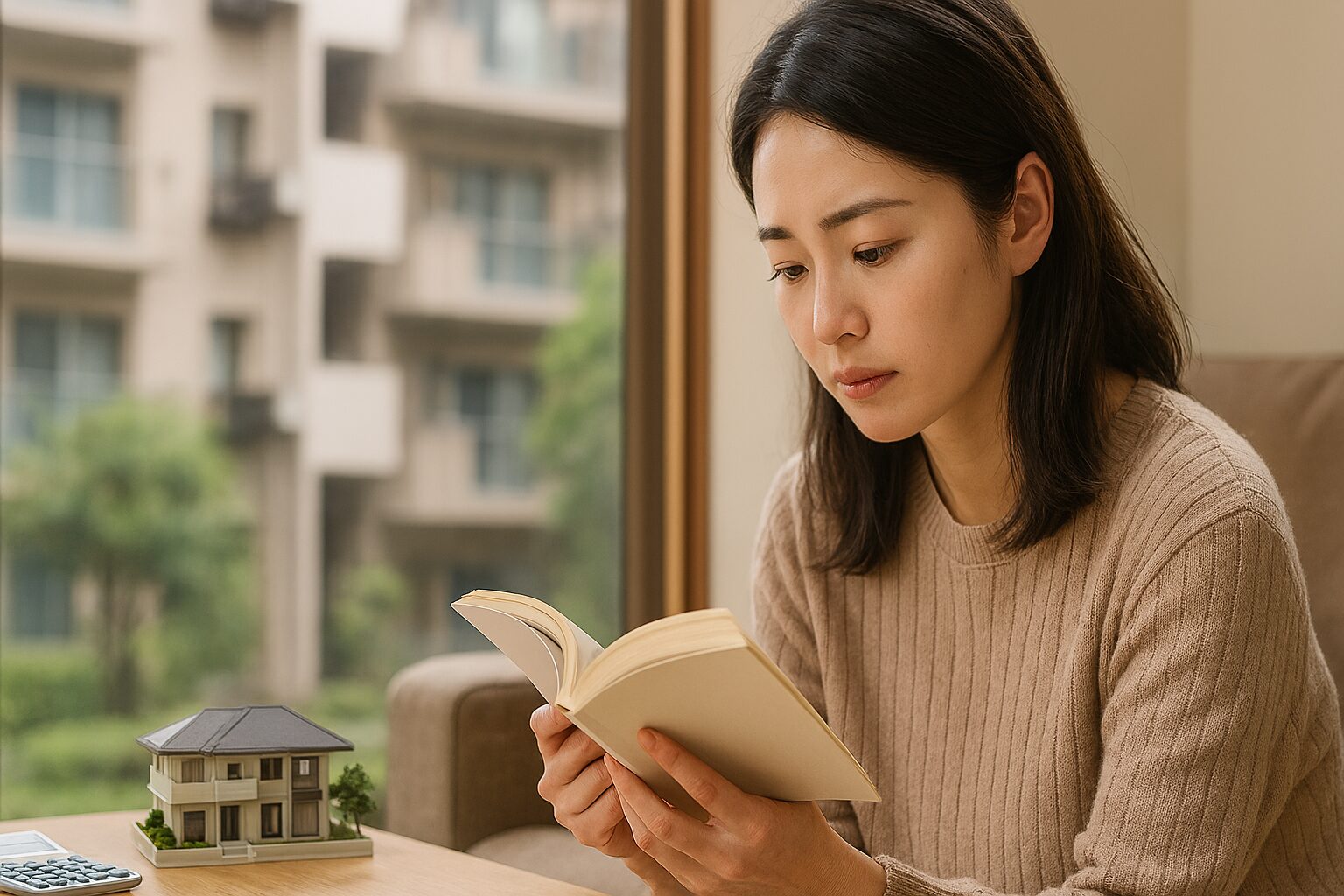 住宅ローンの本を読んで勉強中の女性