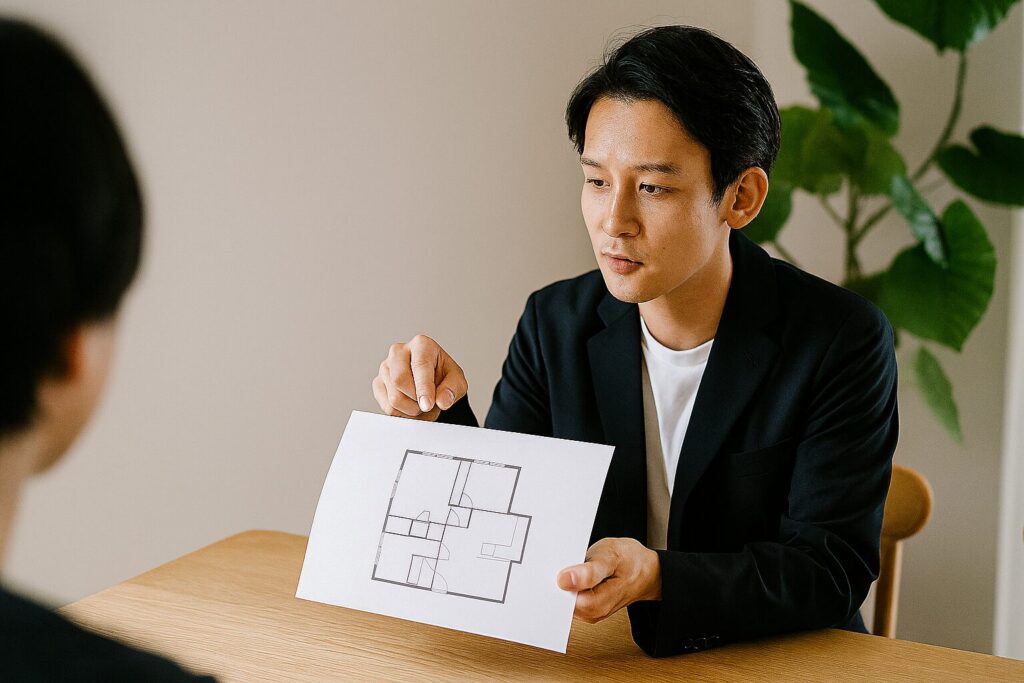 提案された間取り図面を前に、基本的な考え方に基づき検討する様子