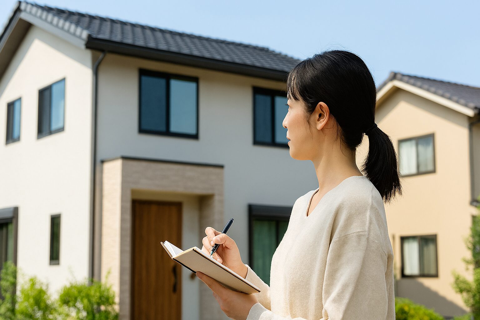 注文住宅を前にノートを取る女性