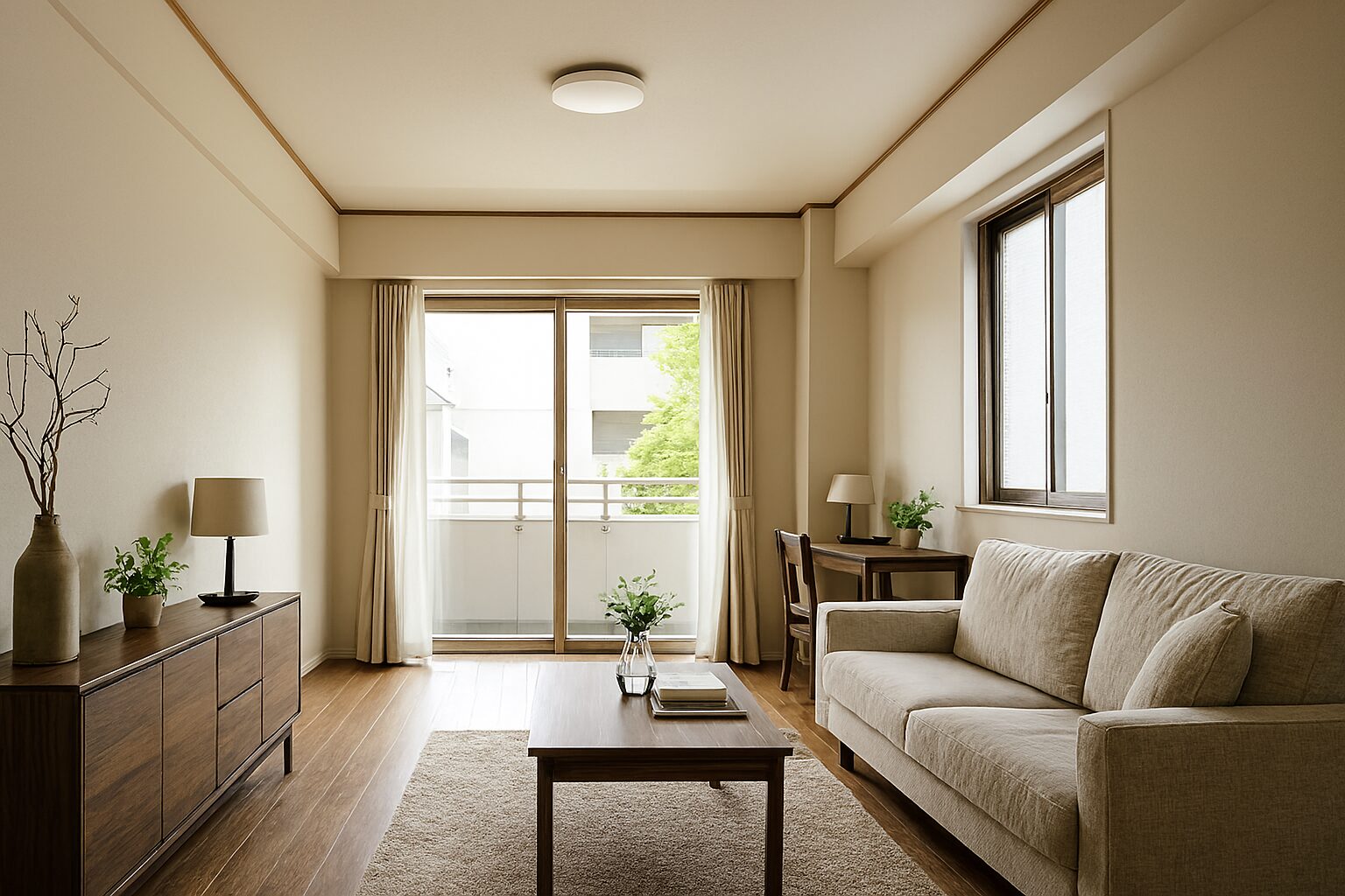 ンション横長リビングレイアウト実例の自然光空間