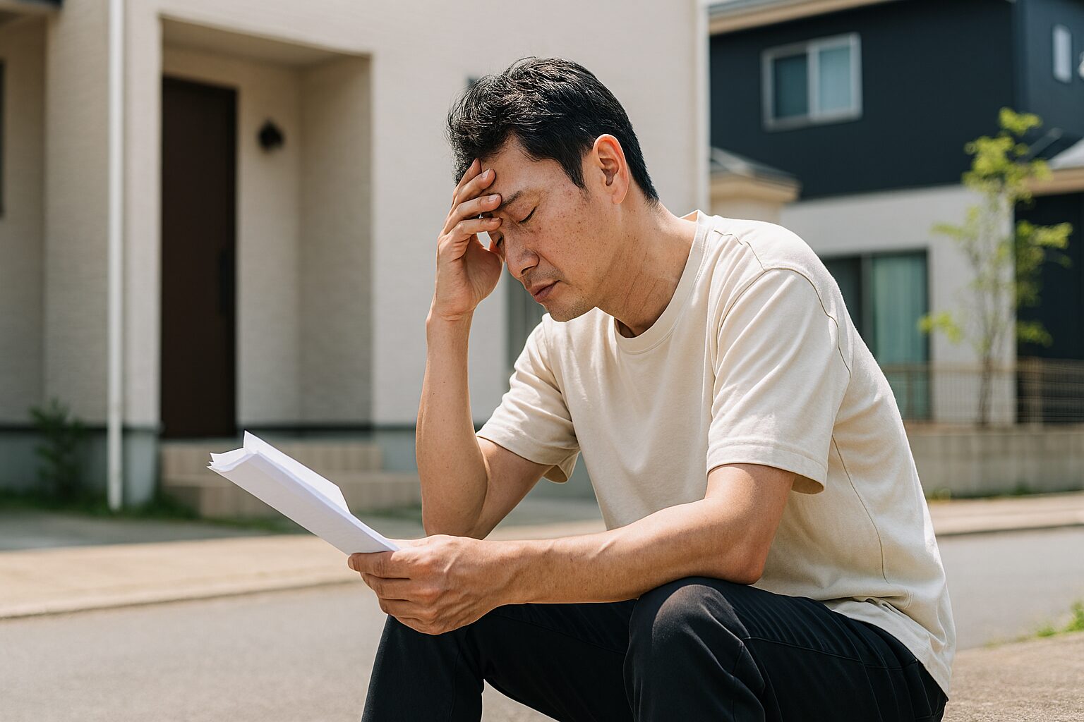 注文住宅の予算オーバーに悩む男性