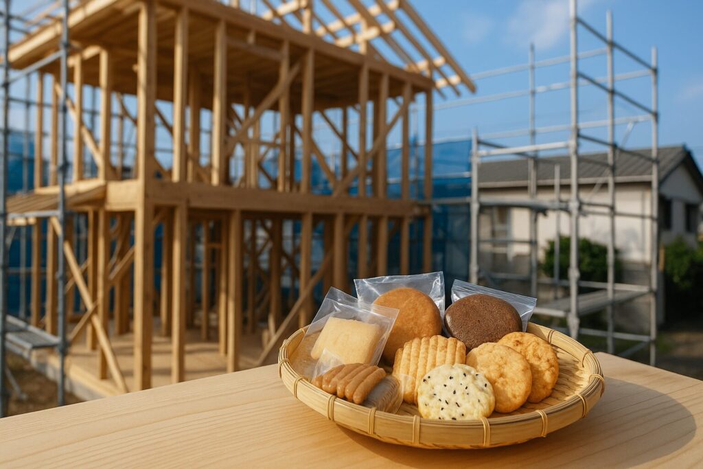 上棟式の差し入れに適した個包装のお菓子と木造上棟現場のイメージ