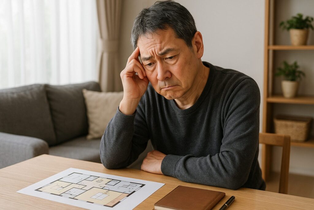 間取り作成依頼のイメージ。日本の住宅街に建つ新築戸建てと設計図面