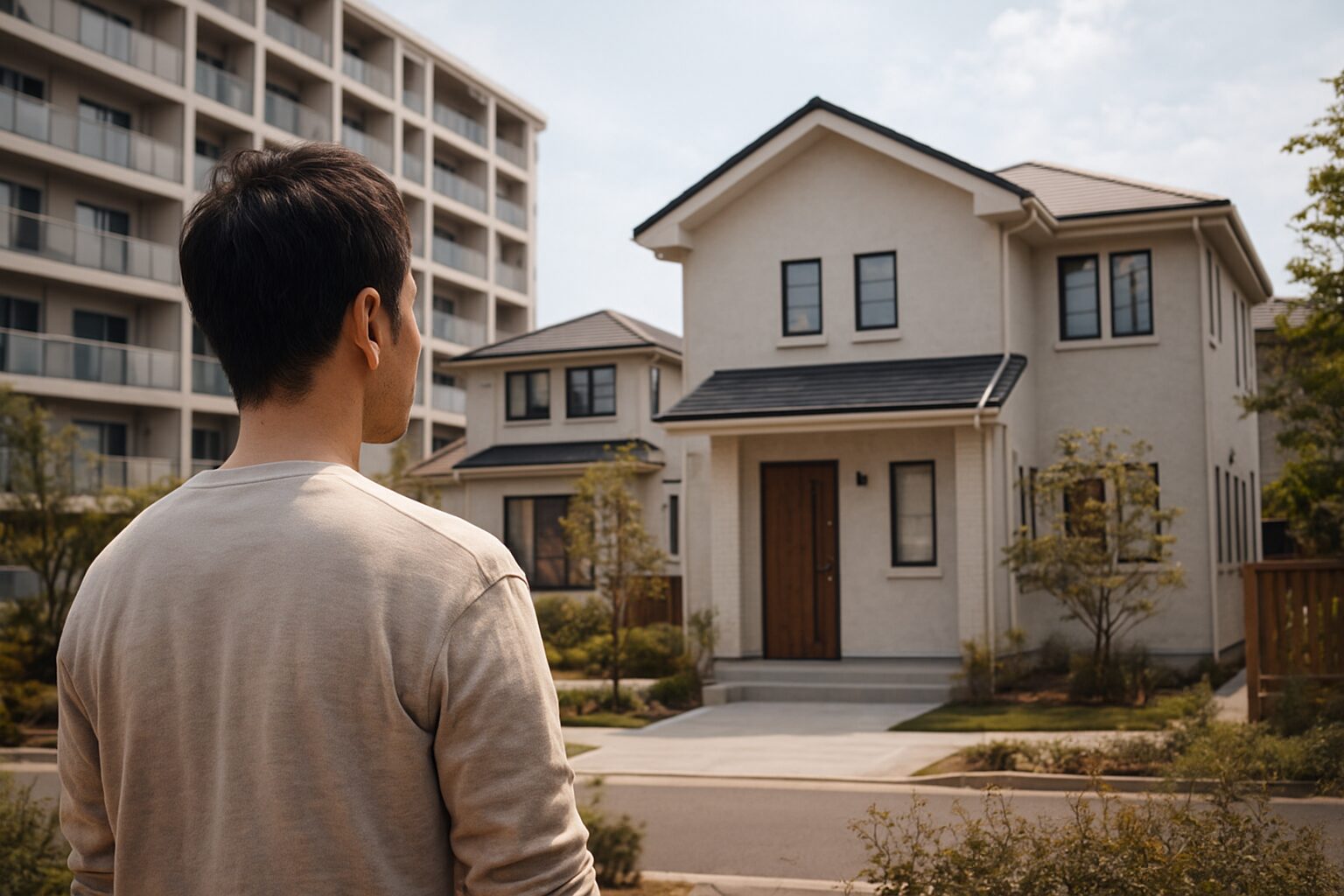 スーパー工務店が建てた住宅を見つめる男性