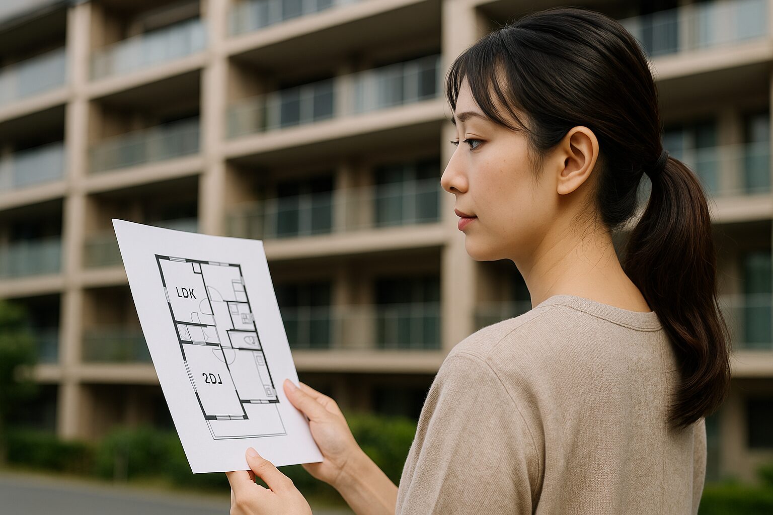マンション間取り人気2LDK図面を見る女性