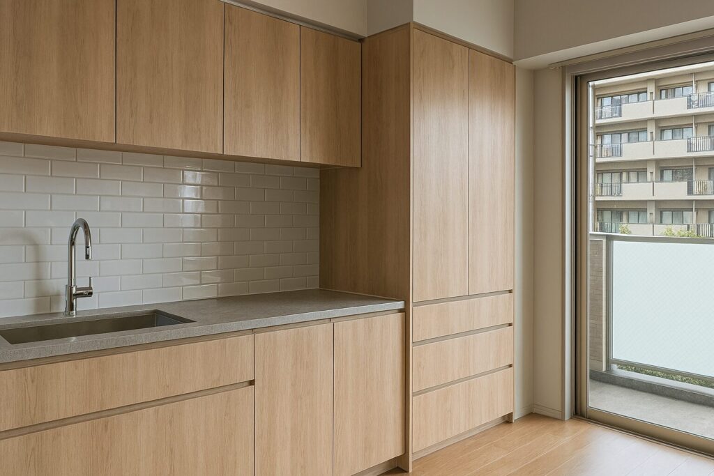 マンションのカップボード幅と通路幅の配置イメージ