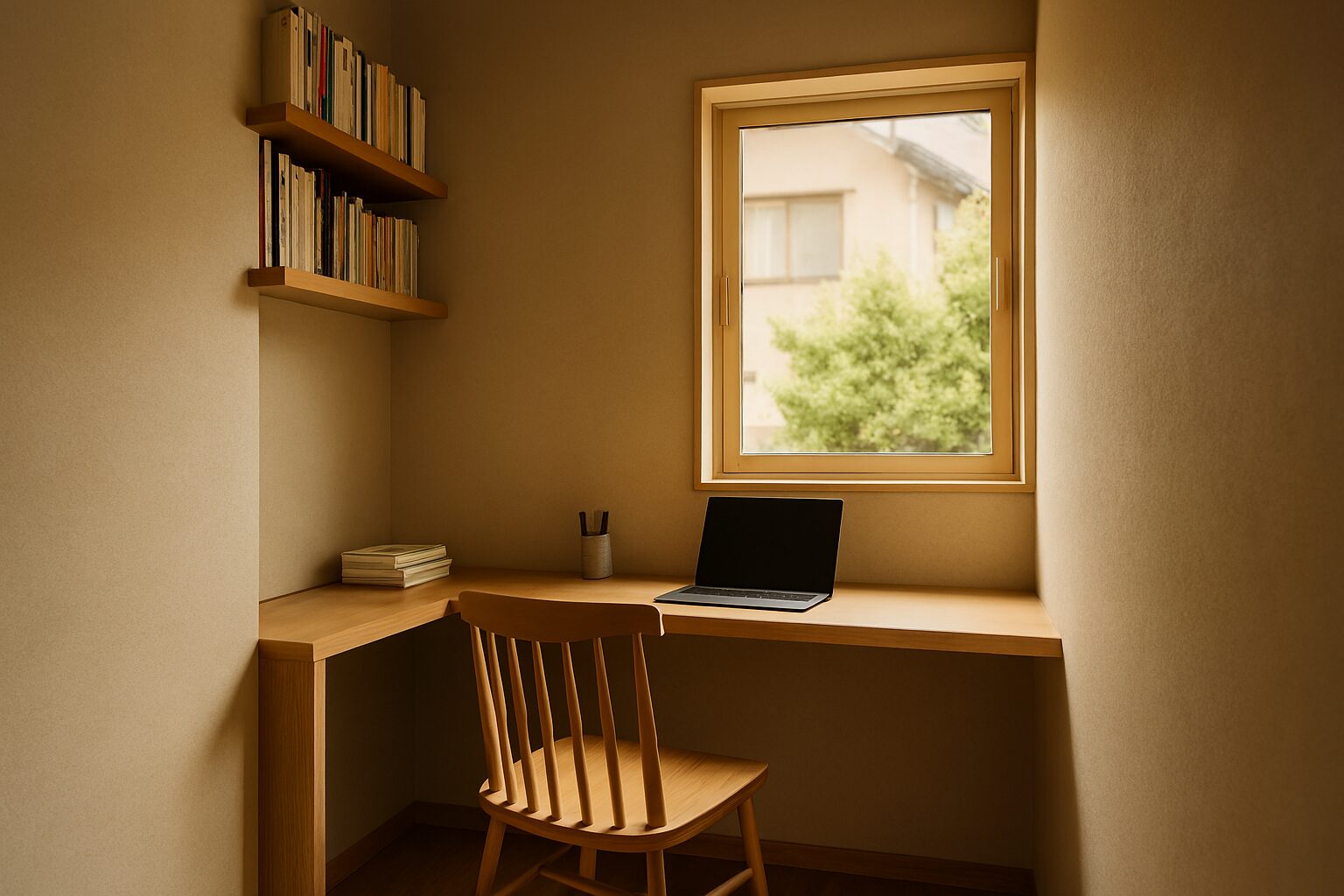 落ち着いた自然光の2畳書斎