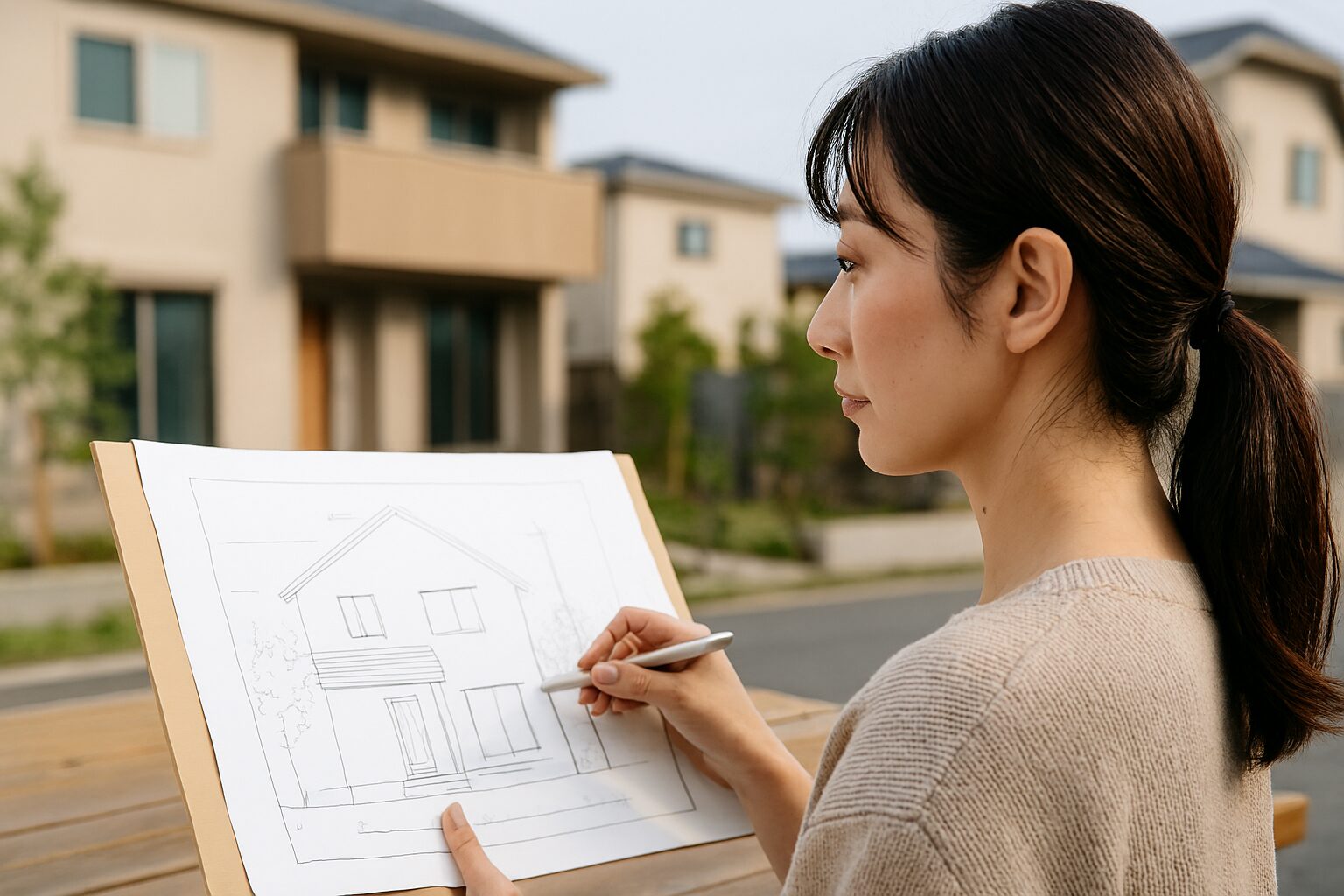 工務店の図面を確認する日本人女性