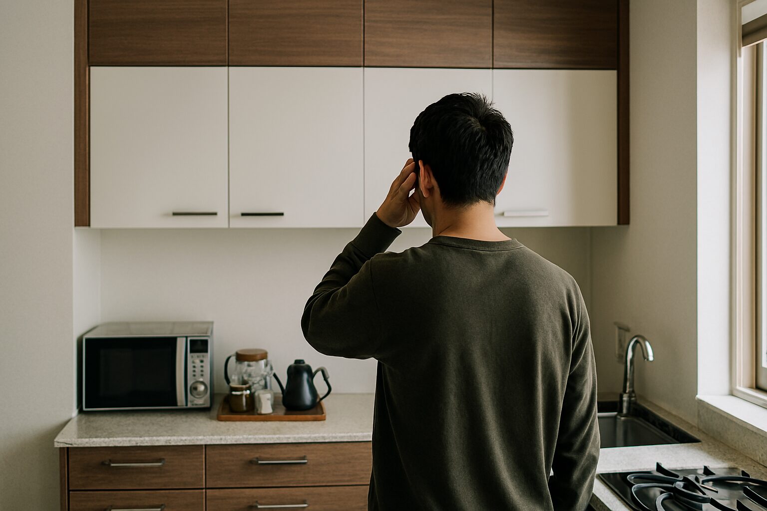 マンションのカップボードに悩む男性