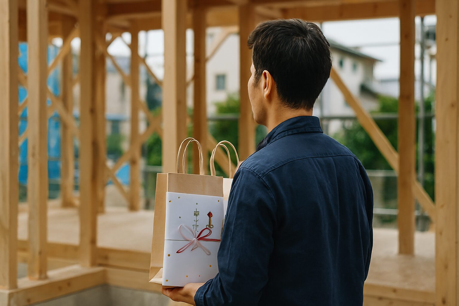 上棟式手土産ランキングを手に現場を見守る男性
