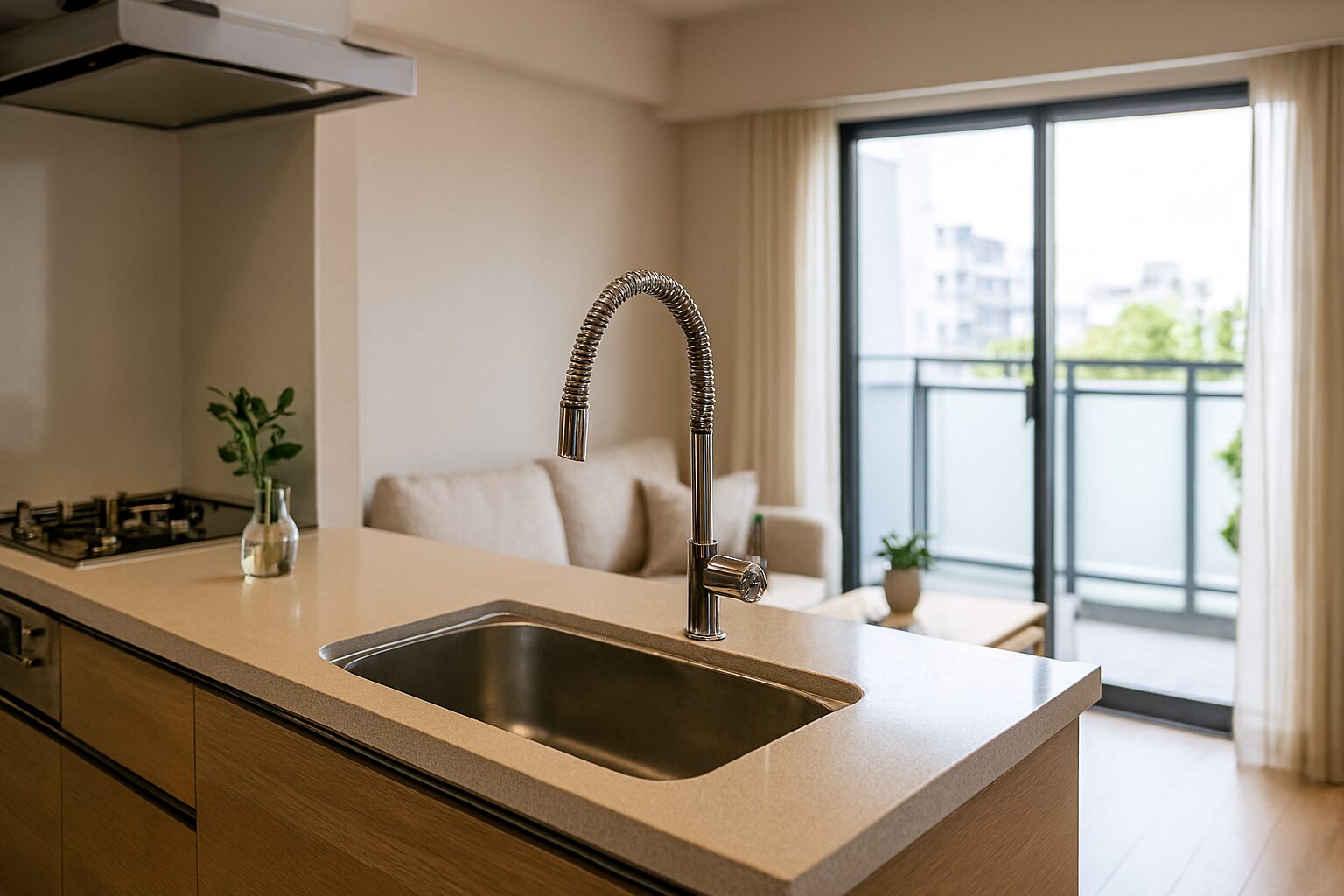 キッチンカウンターが映えるマンション室内