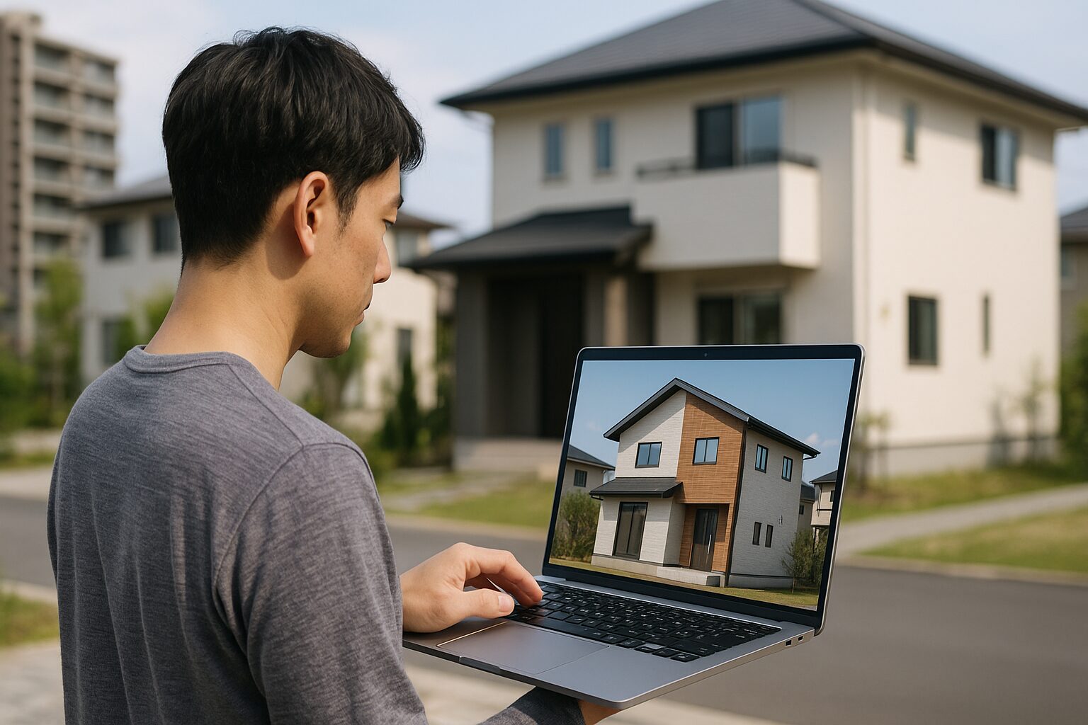 注文住宅シミュレーションサイトで家を設計する男性