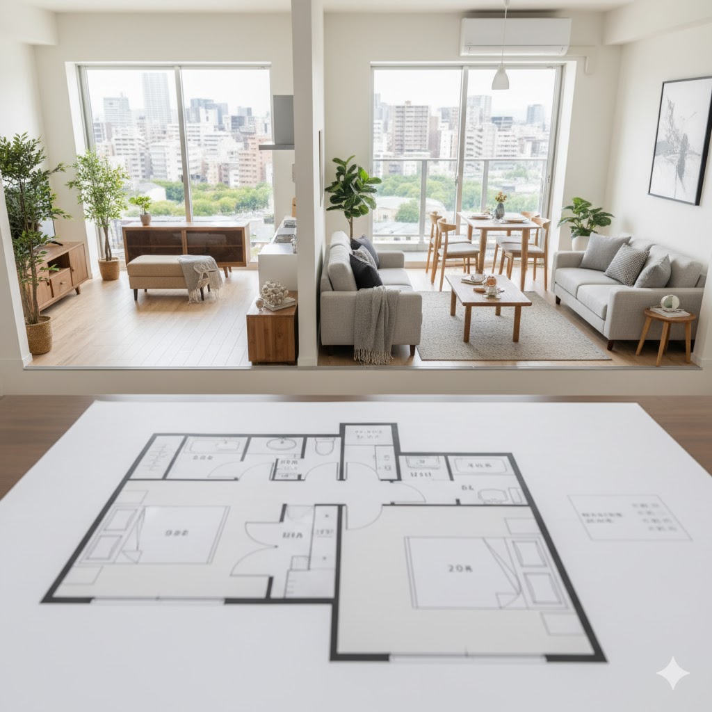 マンション間取り人気2LDK図面を見る女性