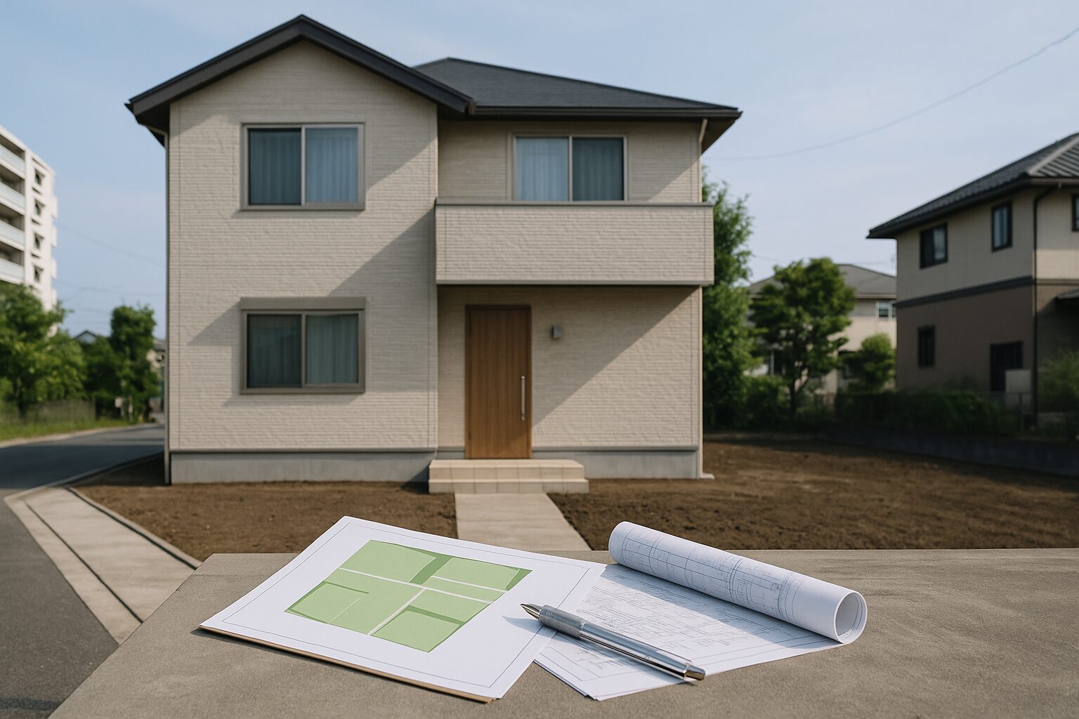 注文住宅で相見積もりを取らない選択肢を示す家と図面