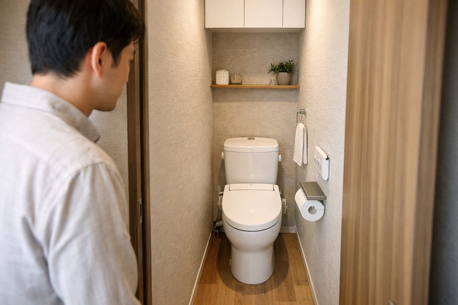 日本人男性が1畳トイレで設備確認
