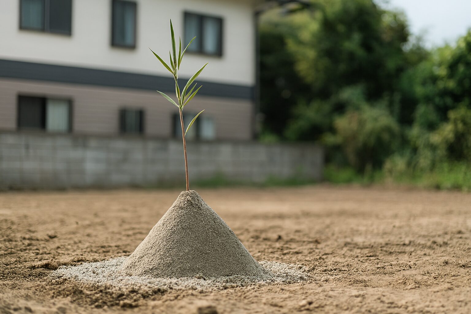 地鎮祭盛砂と竹が立つ住宅敷地