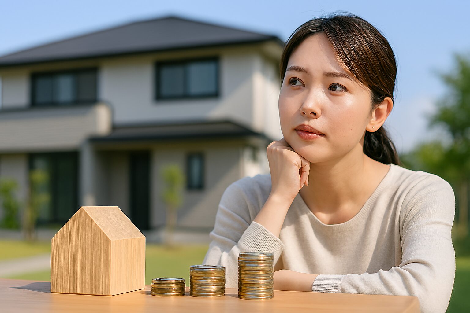 コモ住宅ローンいつからを考える女性と家模型