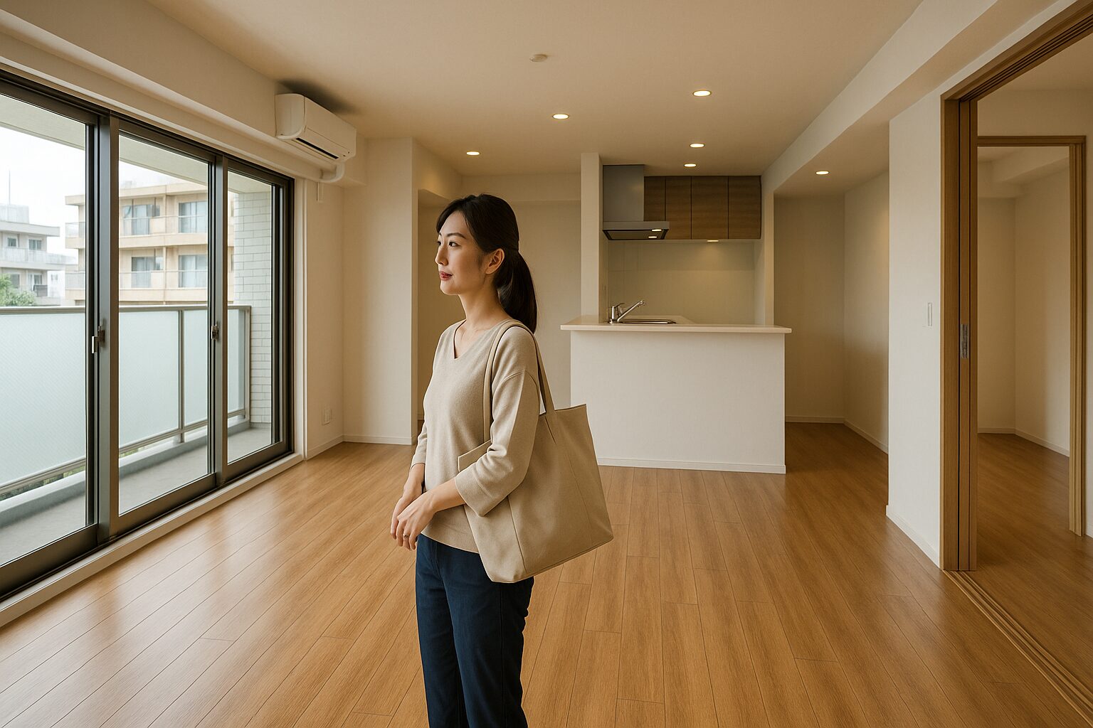 マンション広い間取りを見学する女性