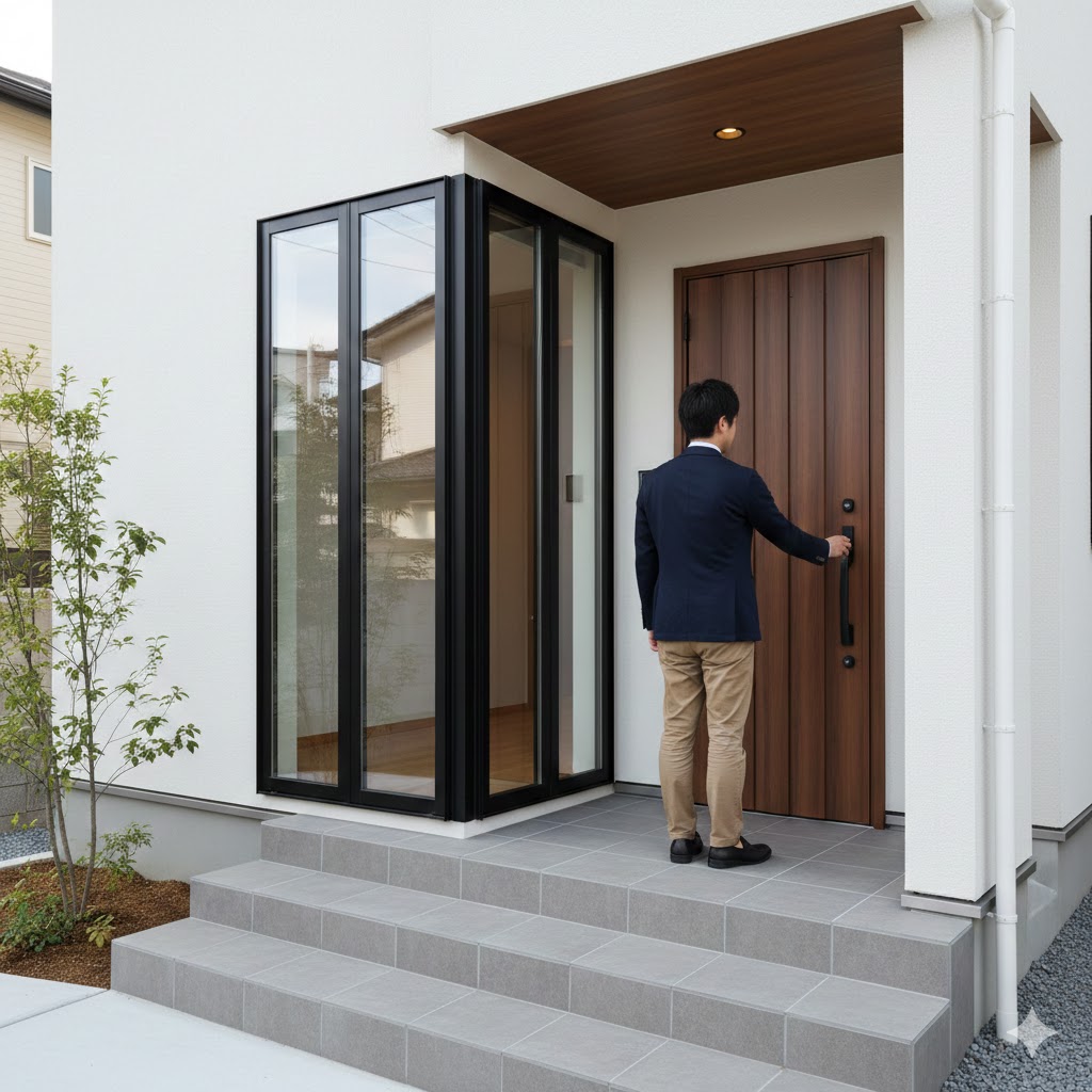 日本人男性の斜め玄関収納と安全の工夫