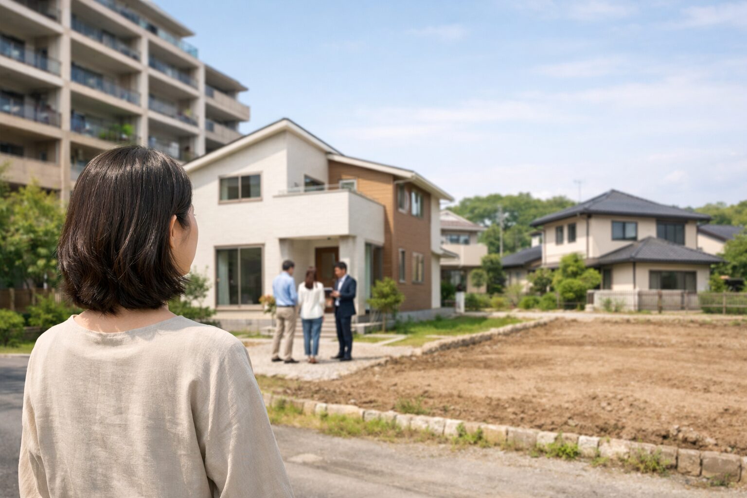 日本人女性が新築住宅を前に家づくりを思案