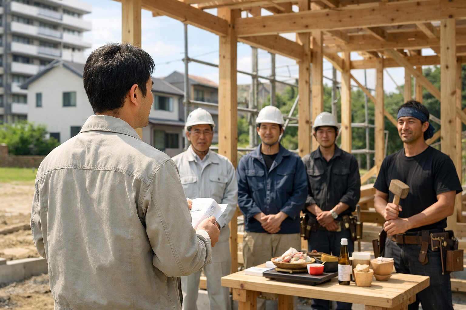 上棟式で施主挨拶する日本人男性