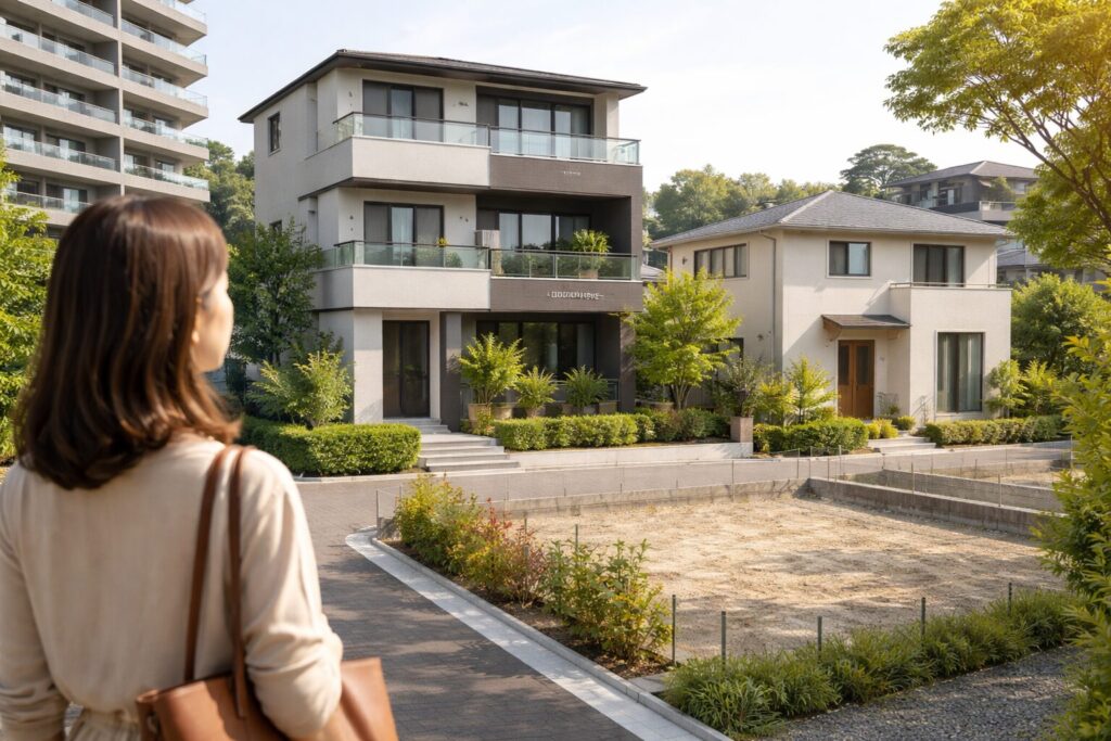 日本人女性が眺める積水ハウス3階建て住宅