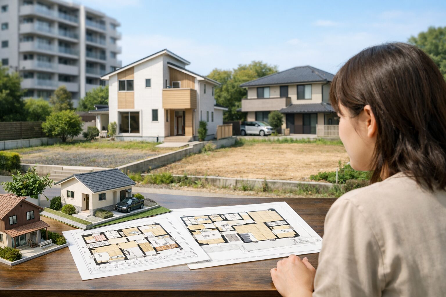 日本人女性が室内の間取りを確認