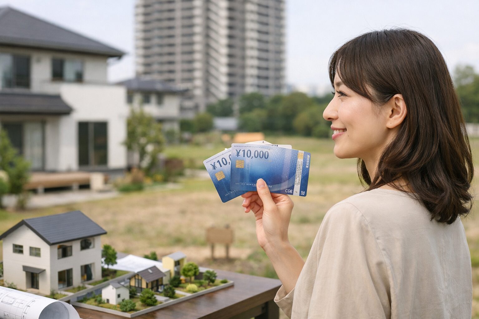 日本人女性がタマホームのクオカード3万円を見る場面