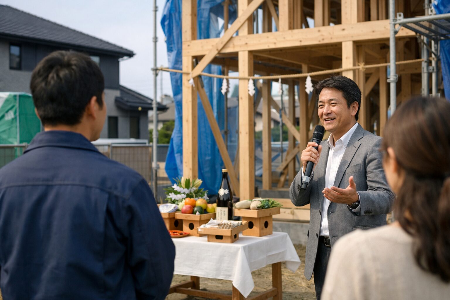 上棟式で挨拶する日本人男性