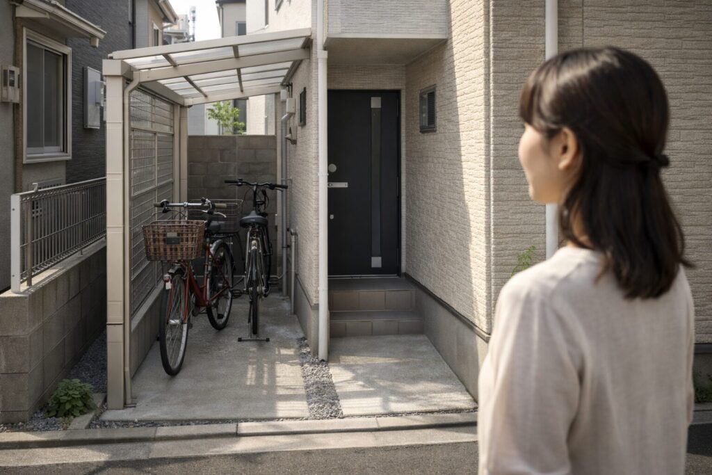 狭小住宅の自転車置き場を確認する日本人女性