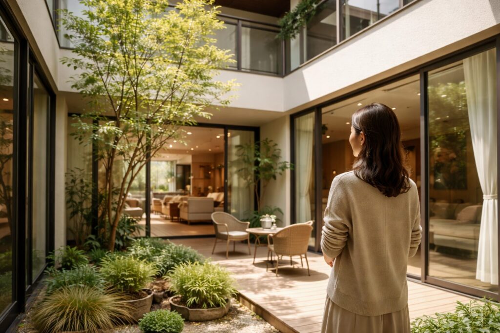 日本人女性が吹き抜けの中庭を眺める場面
