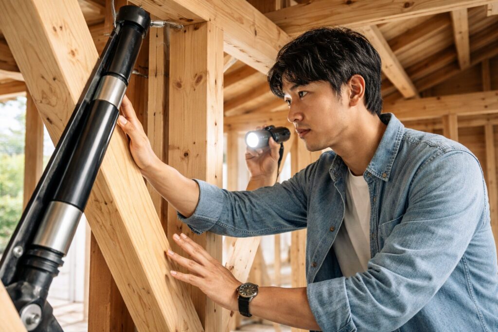 日本人男性が制震ダンパーを確認する