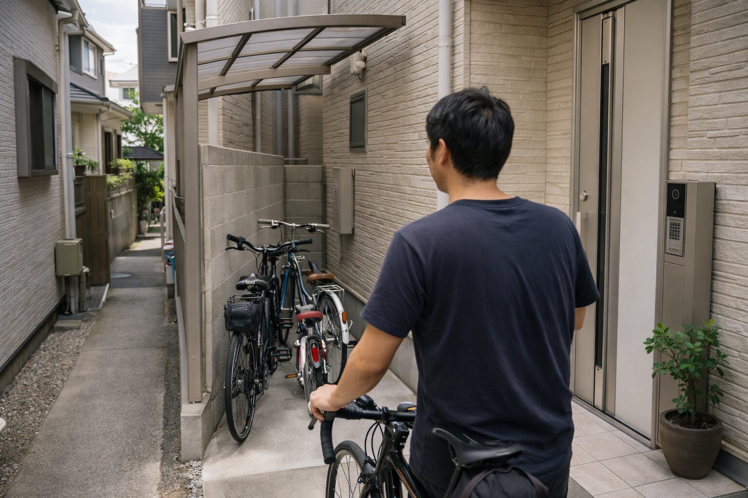 日本人男性が使う狭小戸建ての自転車置き場